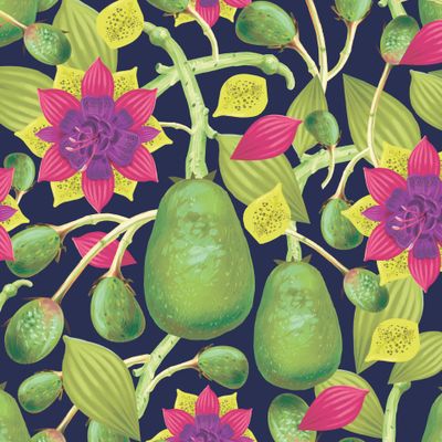 Тропические цветы и авокадо на темном фоне