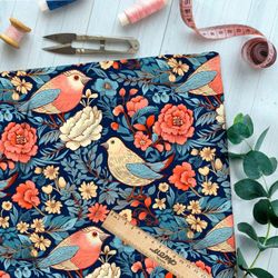 Ткань премиум дюспо сказочные птицы в сине-красной палитре