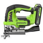 Лобзик акк. Greenworks GD24JS120, 24V, б/щет, 120 мм, 0-3500/мин, 4-ст.маятник, алю.подошва,LED,1х2Ач,ЗУ,кор (3601407CUA)