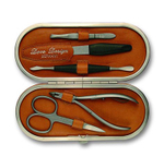 Немецкий фирменный маникюрный набор в 5 предметов ножницы для ногтей кусачки для кутикулы пилка металлическая пинцет наклонный шабер двухсторонний из высококачественной стали цвета коричневого в футляре из натуральной кожи Solinger Dovo 813066 в подарочной коробке
