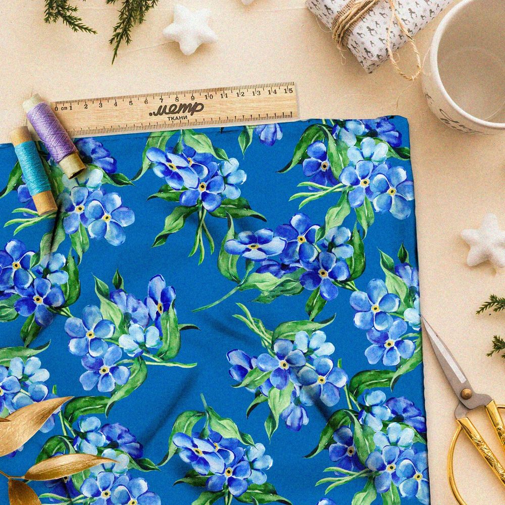 Ткань дюспо крупные ветви сирени на синем фоне