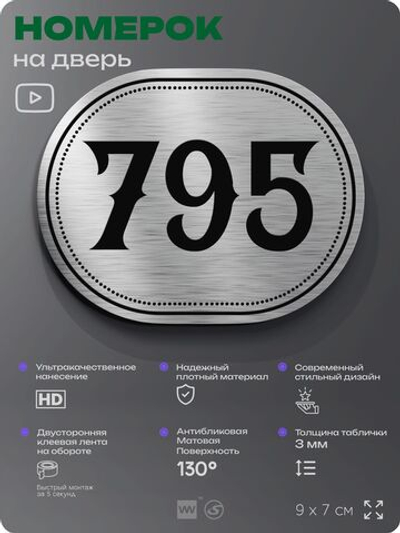 Номерок на дверь квартиры 795, для кабинета, офиса, шильдик 9 х 7 см, серебристый, Айдентика Технолоджи