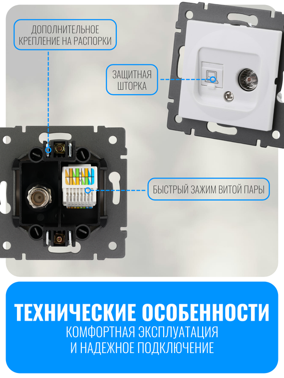 Розетка комбинированная ТВ + интернет RJ45 Smart Aura серия ELIT без рамки