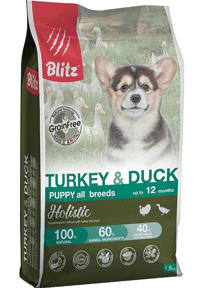 BLITZ PUPPY  TURKEY &amp; DUCK /беззерновой корм для щенков Индейка&amp;Утка/1,5 кг