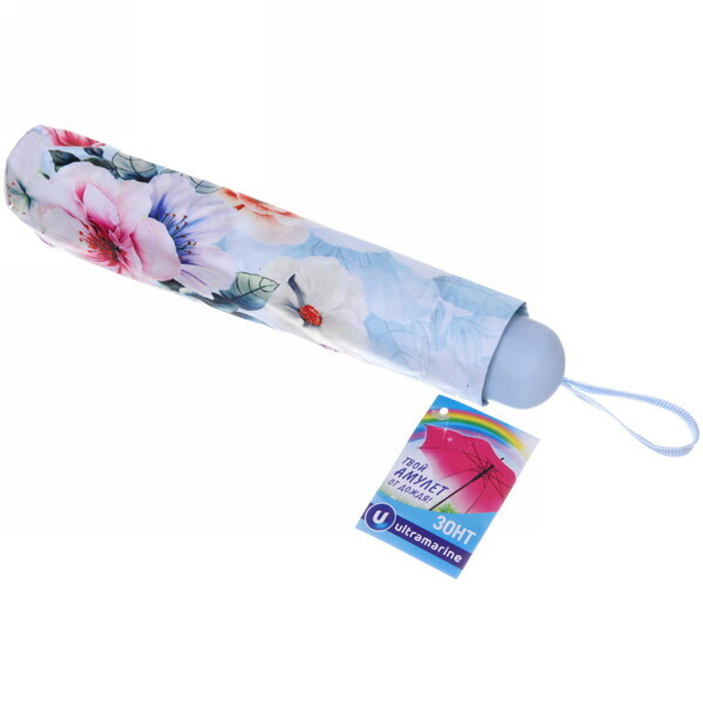 Зонт механический ветроустойчивый, матовая ручка «BESTzontik - Sofi»,цветы на небесно голубом, длина 25см, d-110см