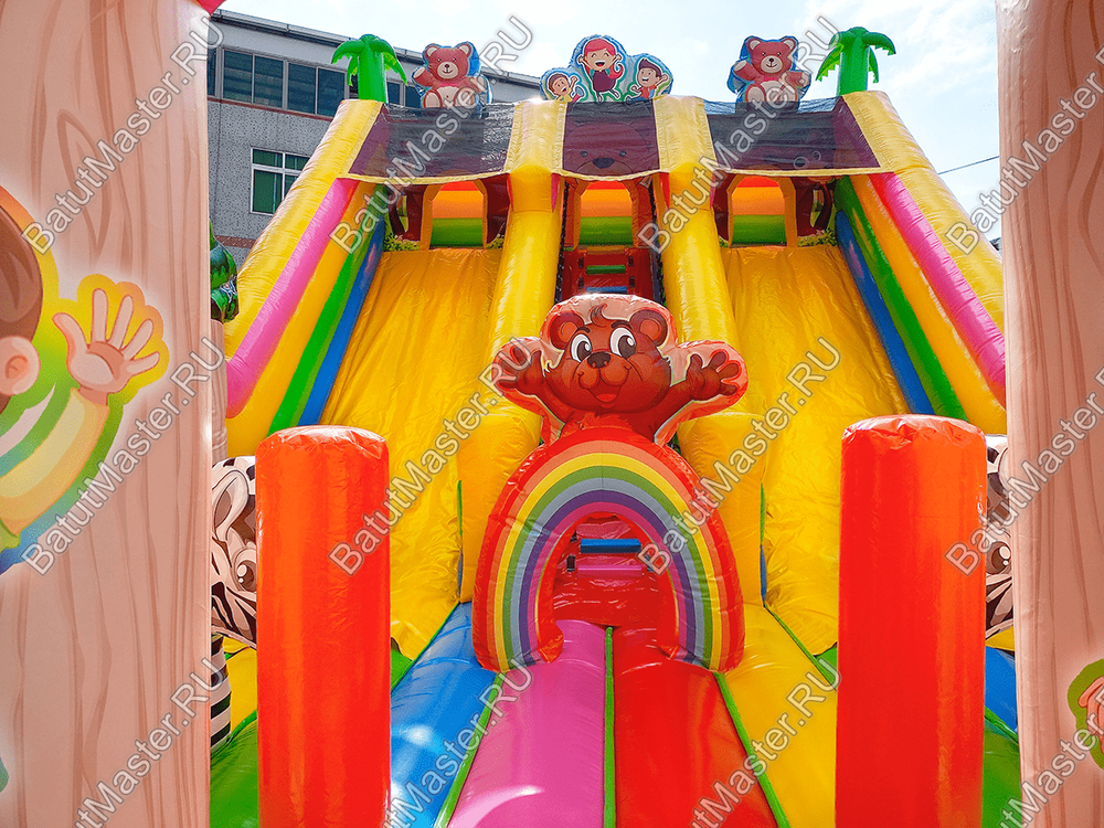 Коммерческий надувной батут "Мишки и дети", 10*6*6,5 м, с горкой 3,5 м