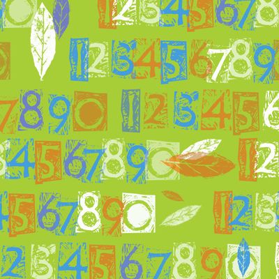 Цифры и листики на салатовом (линогравюра)