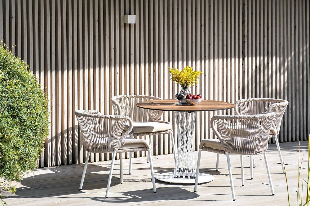 "Милан" стул плетеный из роупа, каркас алюминий белый шагрень, роуп бежевый круглый, ткань бежевая