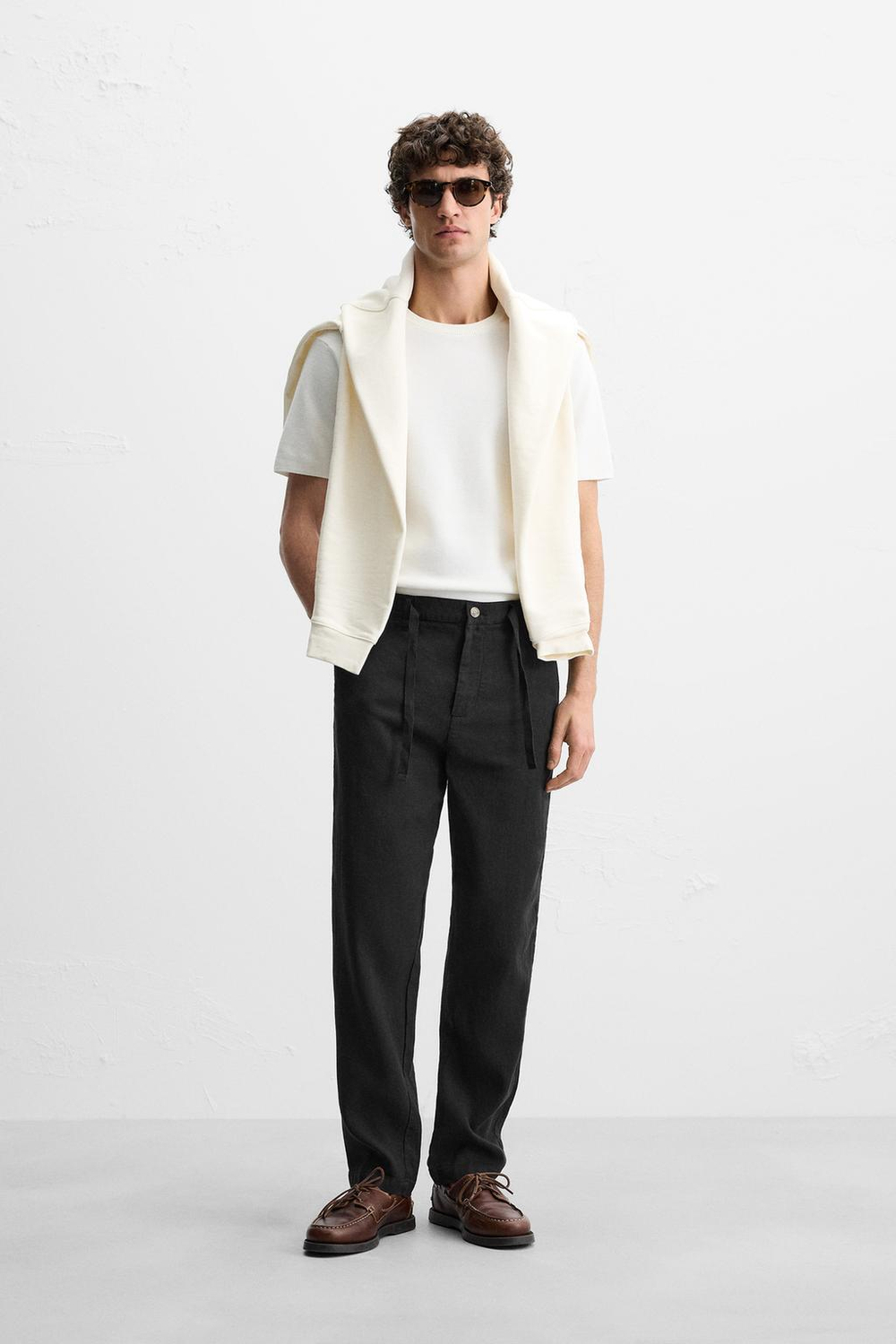 ZARA БРЮКИ RELAXED FIT ИЗ ХЛОПКА И ЛЬНА, ЧЕРНЫЙ