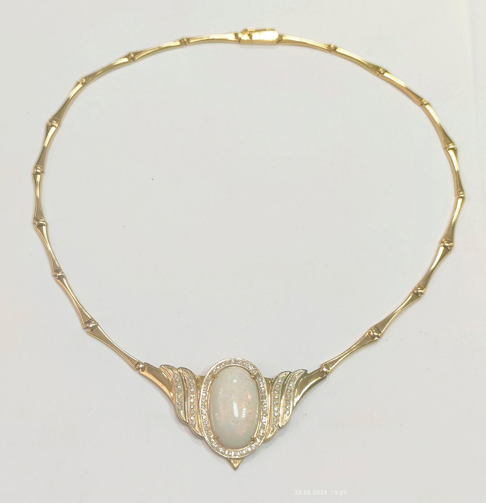 Колье "Эстерелла", золото 750, ручная работа, вставка опал и бриллианты