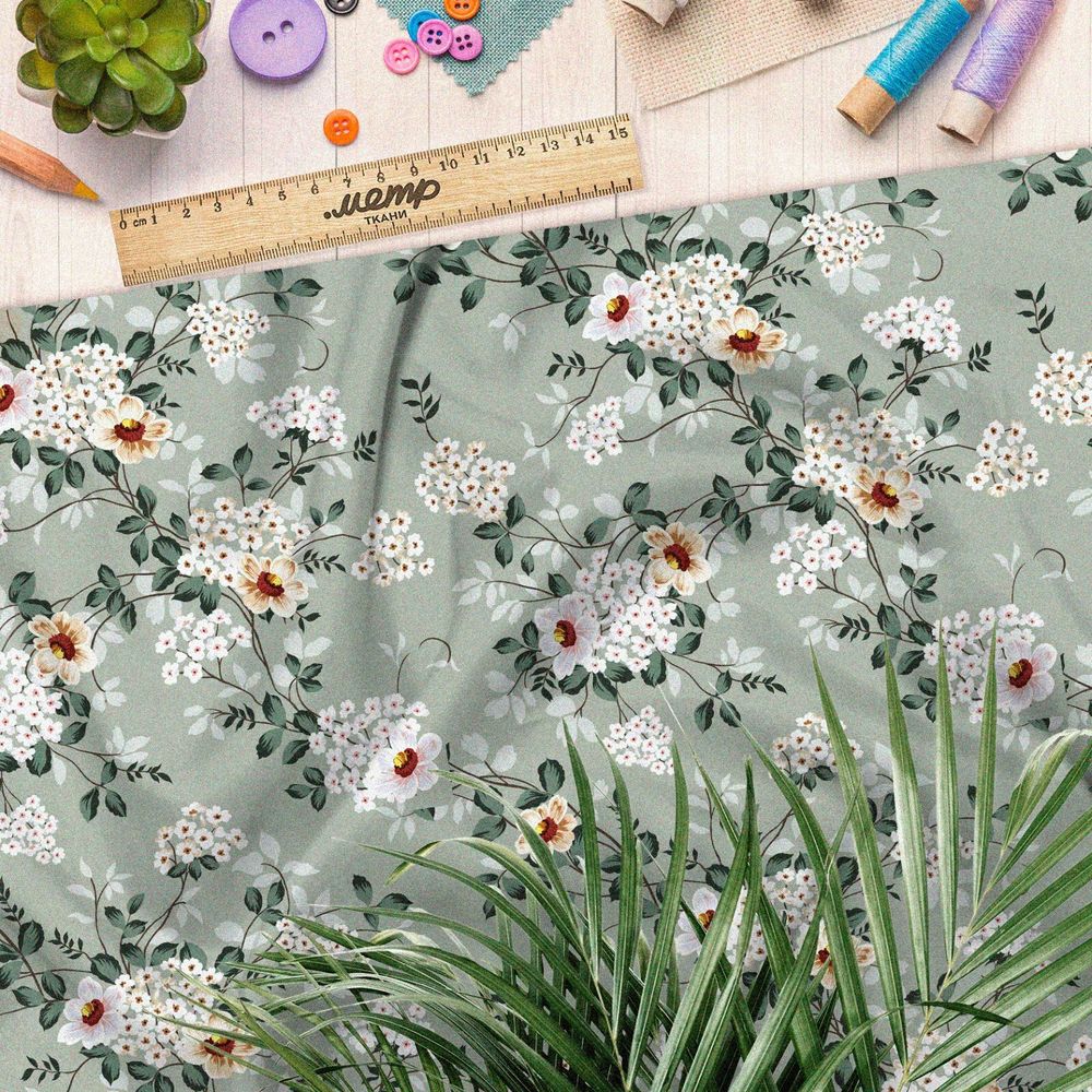 Ткань шифон цветы Невеста на бирюзовом