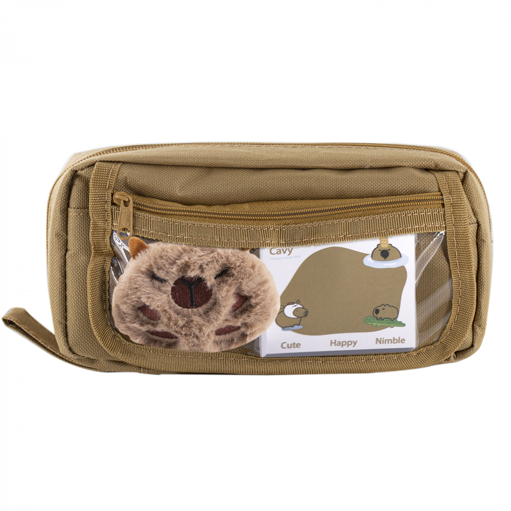 Пенал - косметичка Alingar, ткань, молния, боковой карман, липучка, значок, стикеры д/заметок, 200 х 90 х 45 мм, "CAPYBARA", капибара, бежевый