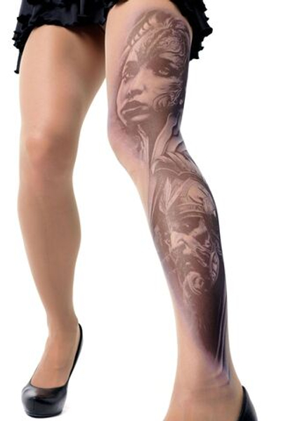 Колготки с имитацией крупной татуировки на левой ножке (Размер: S-M-L) (Цвет: бежевый)