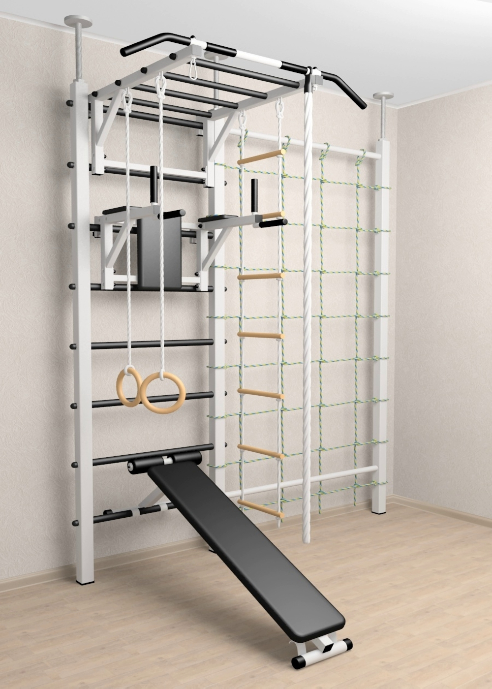 Шведская стенка Sv Sport враспор (Турник рукоход/Брусья/Скамья/Канат/Kольца/Лестница/Канатный лаз/Сетка)