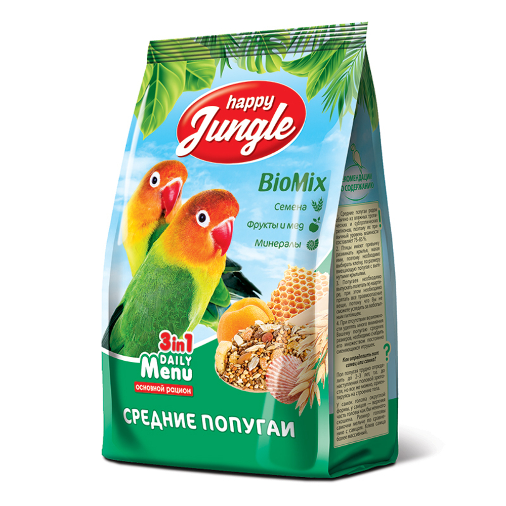 HAPPY JUNGLE Корм для средних попугаев, 500 г