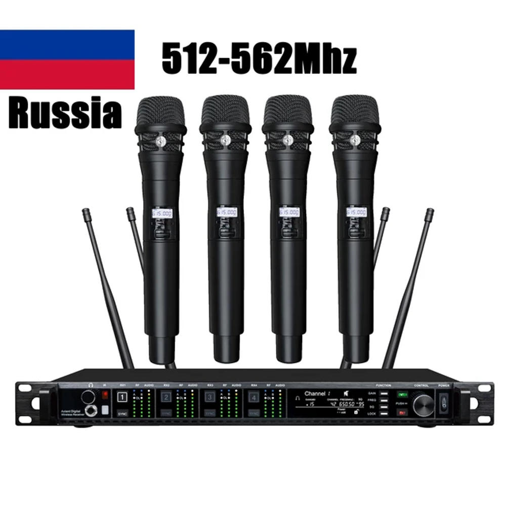 SHURE AD4DQ KSM8 512-937 МГц Четырёхканальная беспроводная микрофонная система: ADKSM8 4 ручных микрофона.