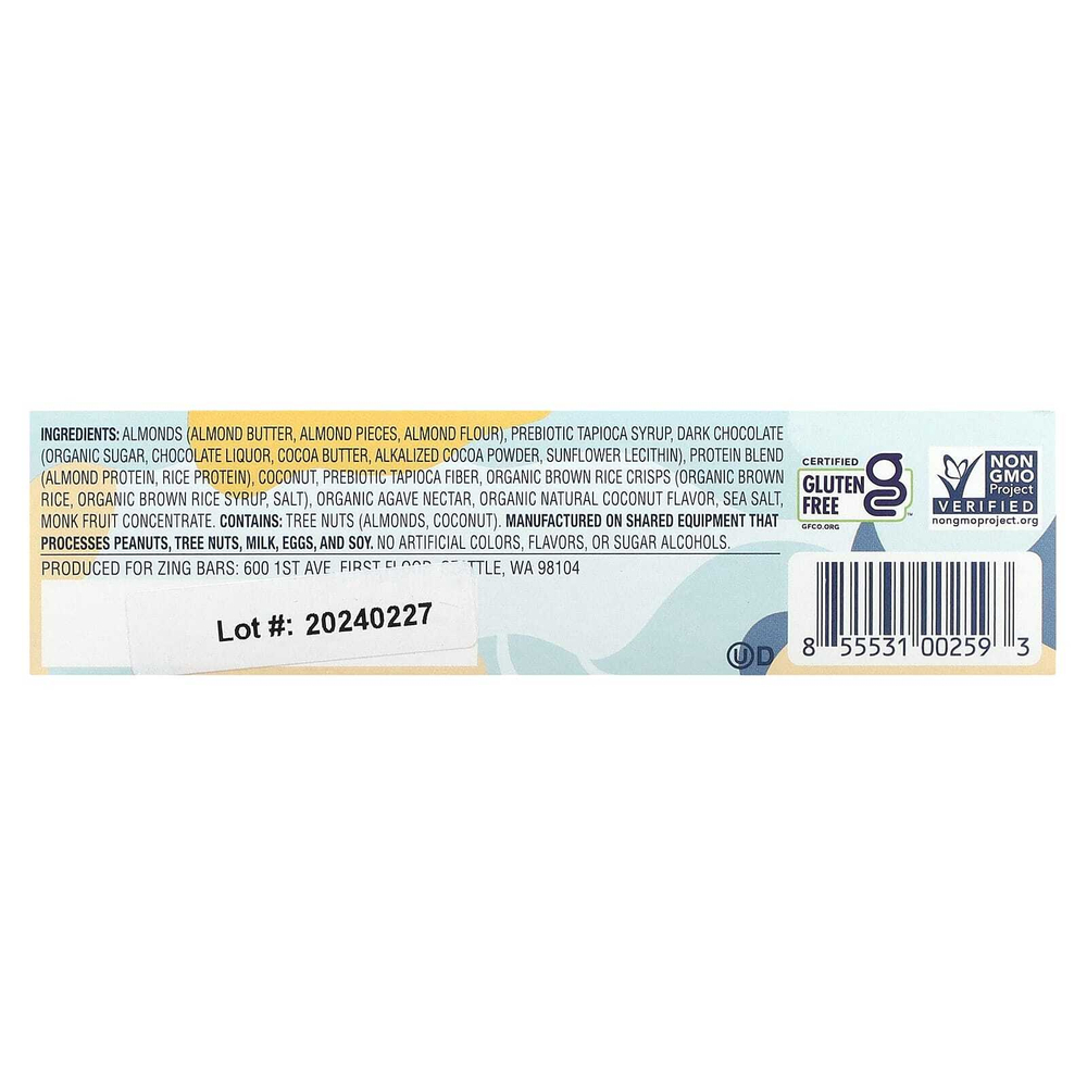 Zing Bars, мини-батончики на растительной основе, темный шоколад с кокосом в миндальной пасте, 18 батончиков по 24 г (0,84 унции)