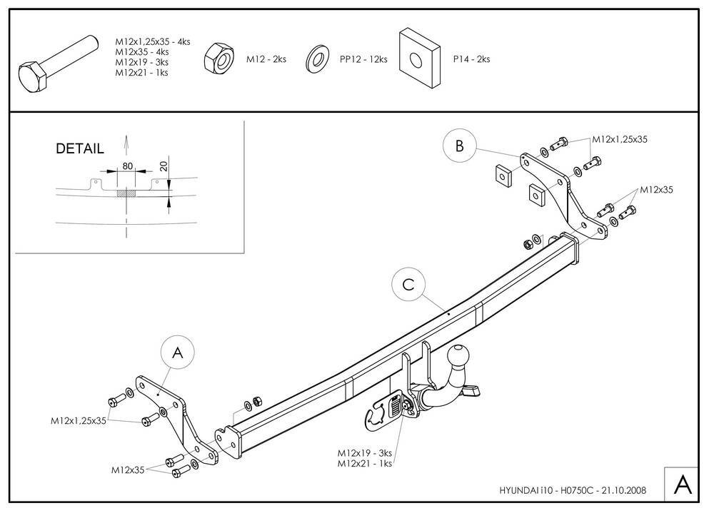 Оцинкованный фаркоп на Hyundai i10 2008-2013 (без электрики), Galia H075A