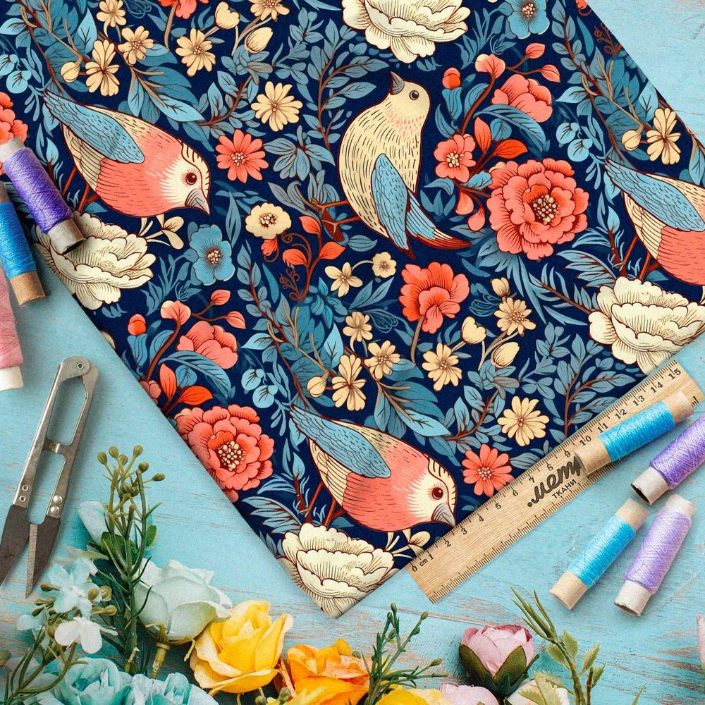 Ткань премиум мембрана сказочные птицы в сине-красной палитре