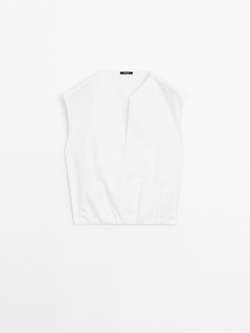Massimo Dutti Блуза из хлопкового поплина с эластичной деталью, белый