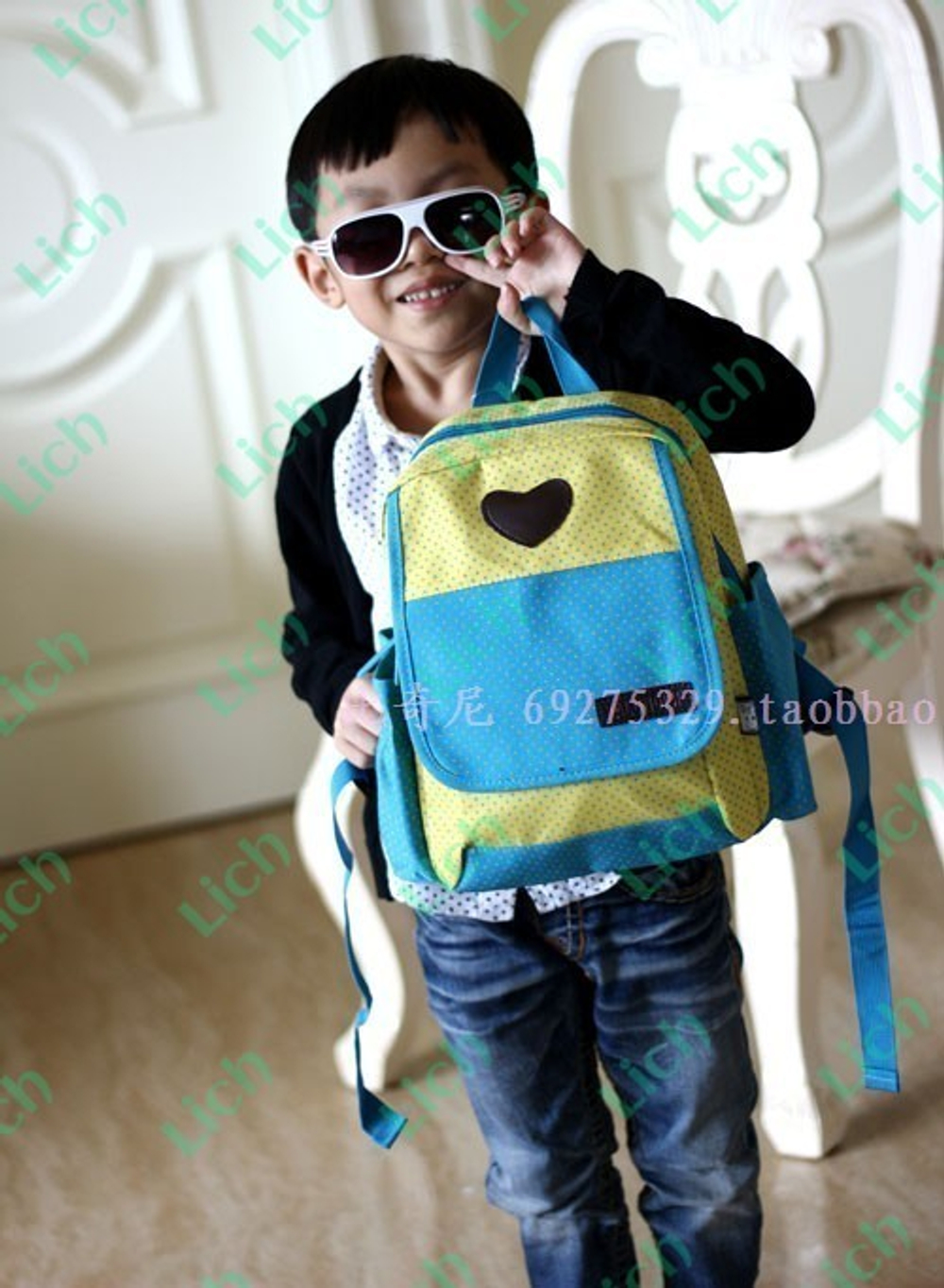 Рюкзак детский двухцветный в горох с аппликацией сердца