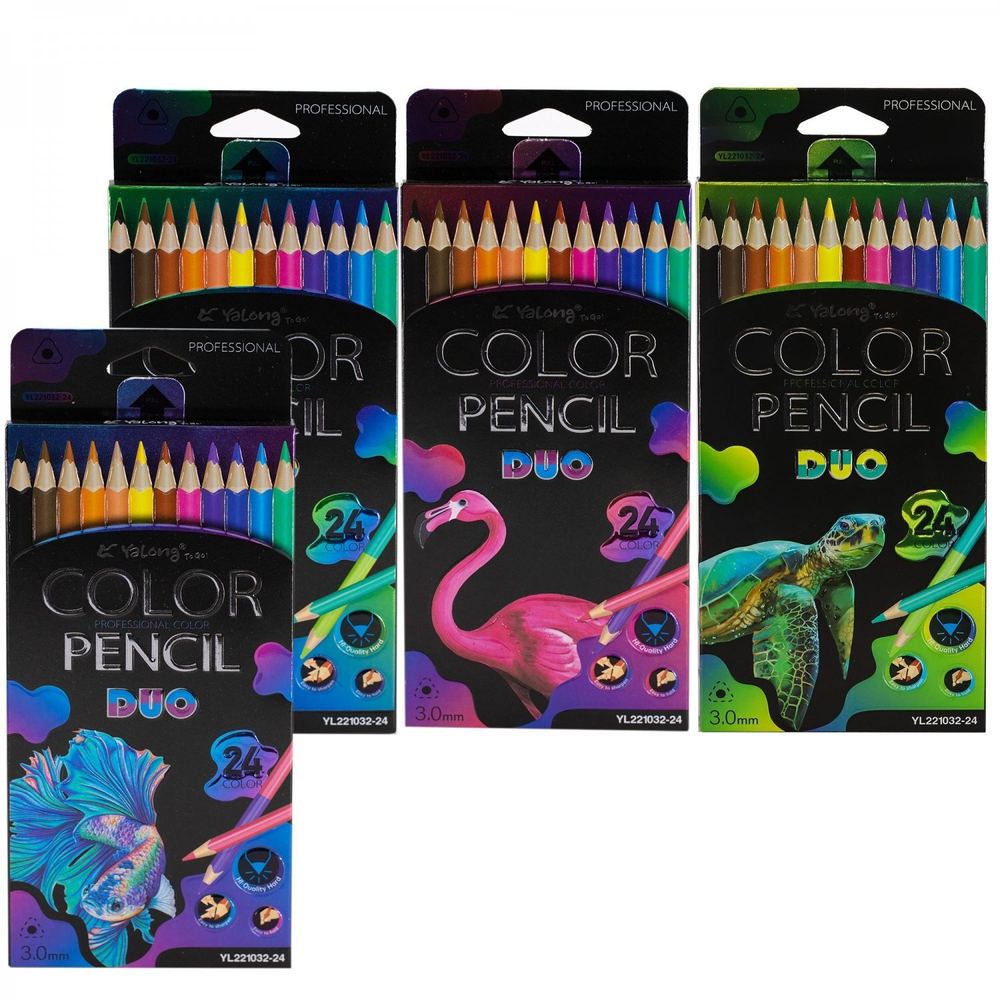 Карандаши цветные двусторонние Yalong 12/24 цв., "Неоновые животные" деревянные, трехгранные, заточенные, грифель 3.0 мм, картон. уп., европодвес