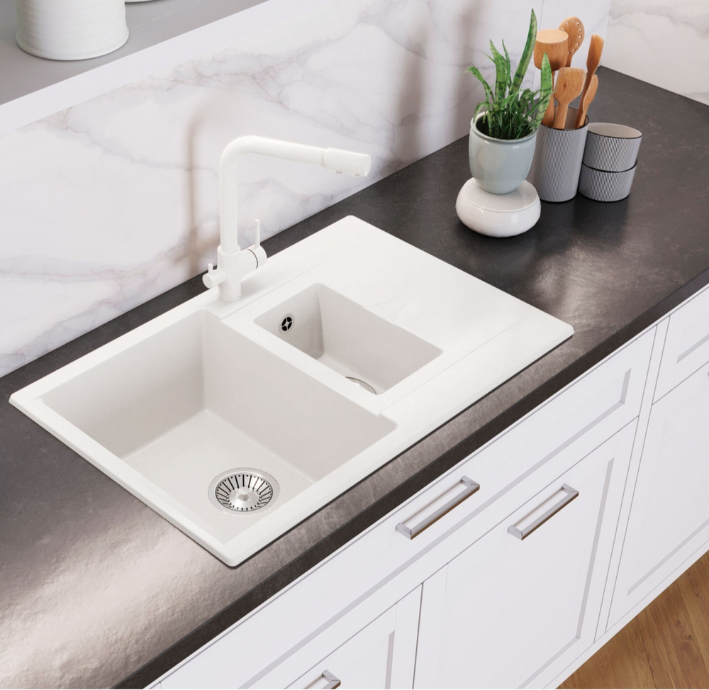 Мойка POLYGRAN BRIG-770 белый хлопок №36, смеситель DORADO белый хлопок №36