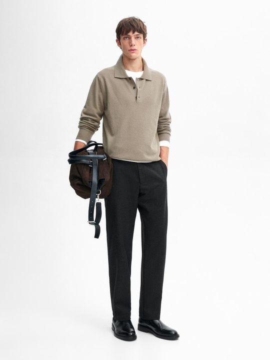 Massimo Dutti Свитер с воротником-поло из смесовой шерсти, светлый хаки