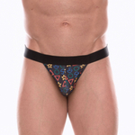 Темно-серые трусы-танга с разноцветным принтом в виде значков (Размер: L) (Цвет: темно-серый)