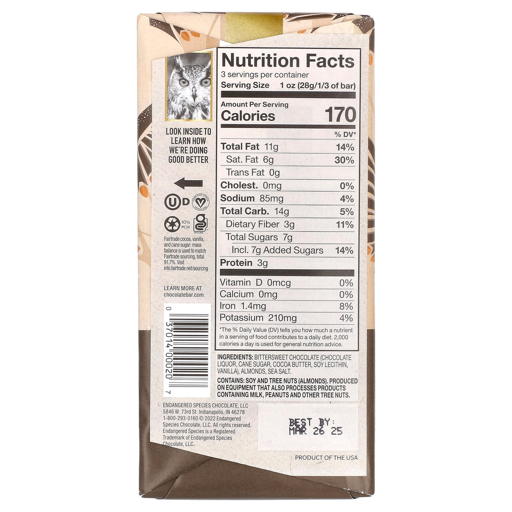 Endangered Species Chocolate, тёмный шоколад с миндалём и морской солью, 72% какао, 85 г (3 унции)