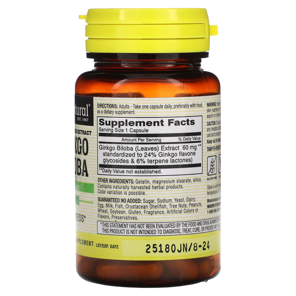 Mason Natural, гинкго билоба, стандартизированный экстракт, 60 капсул