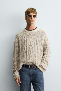 ZARA ТЕКСТУРНЫЙ СВИТЕР С УЗОРОМ «КОСЫ», КАМЕННО-СЕРЫЙ