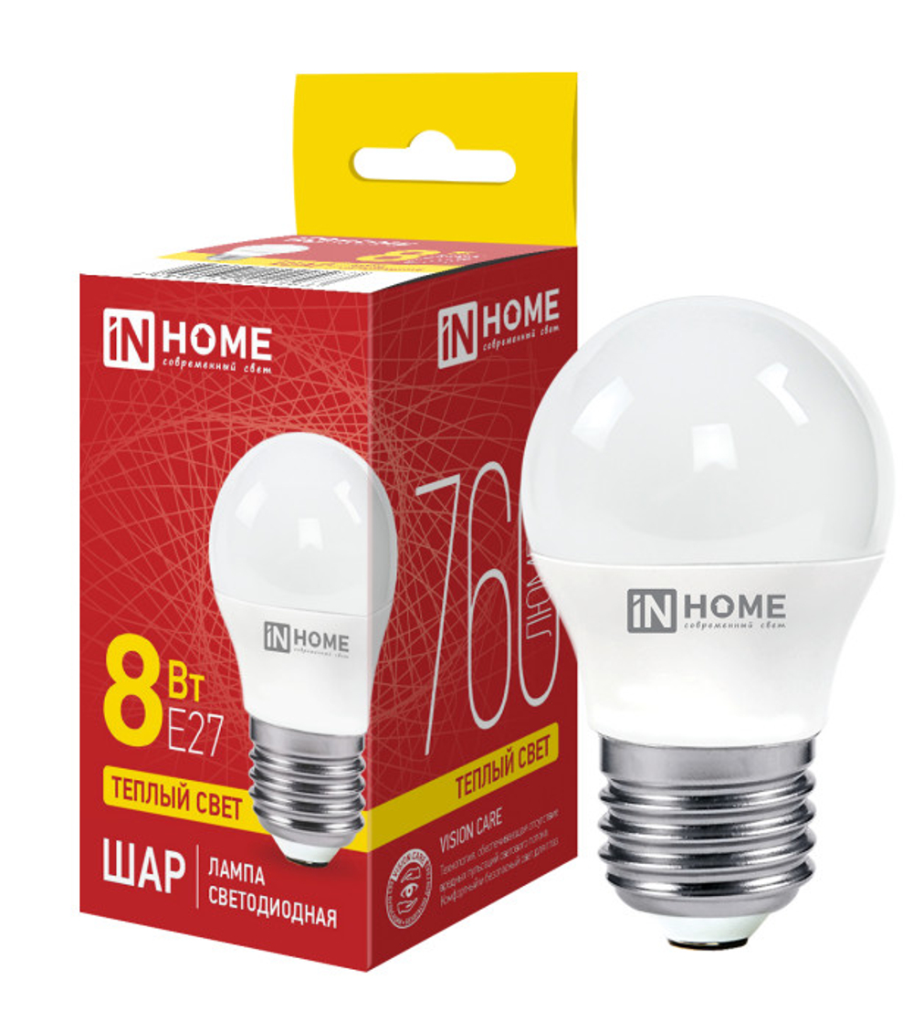 Лампа светодиодная IN HOME LED-ШАР-VC 8Вт 230В Е27 3000К 760Лм