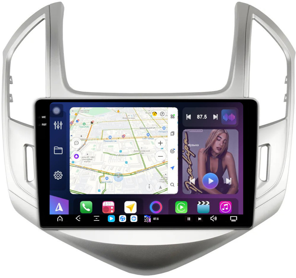 Магнитола для Chevrolet Cruze 1 2012-2015 (рамка серебро) - FarCar XXL261M монитор 9.5" 2K QLED на Android 14, TS20, 8+256Гб, CarPlay, 4G SIM-слот