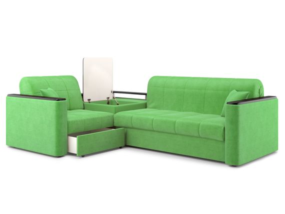 Диван угловой с Баром Неаполь 1,6 - Velutto 31 зеленый/ коричневая накладка