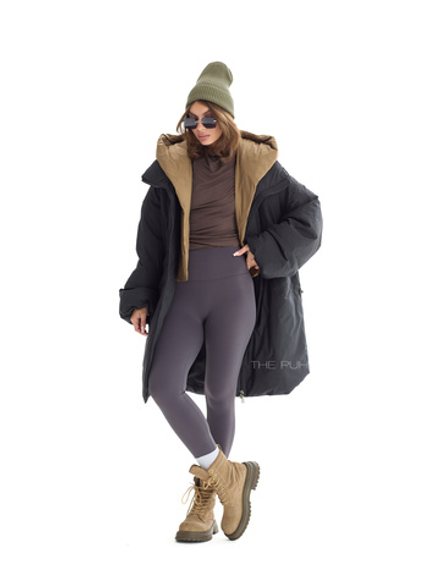 Черно-оливковый длинный пуховик с капюшоном