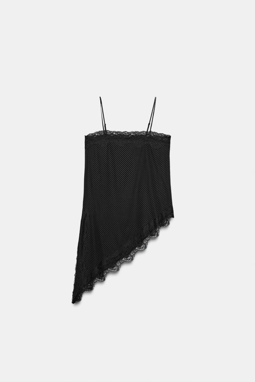 ZARA АСИММЕТРИЧНЫЙ ТОП В ГОРОШЕК ИЗ КОЛЛЕКЦИИ ZW, ЧЕРНЫЙ