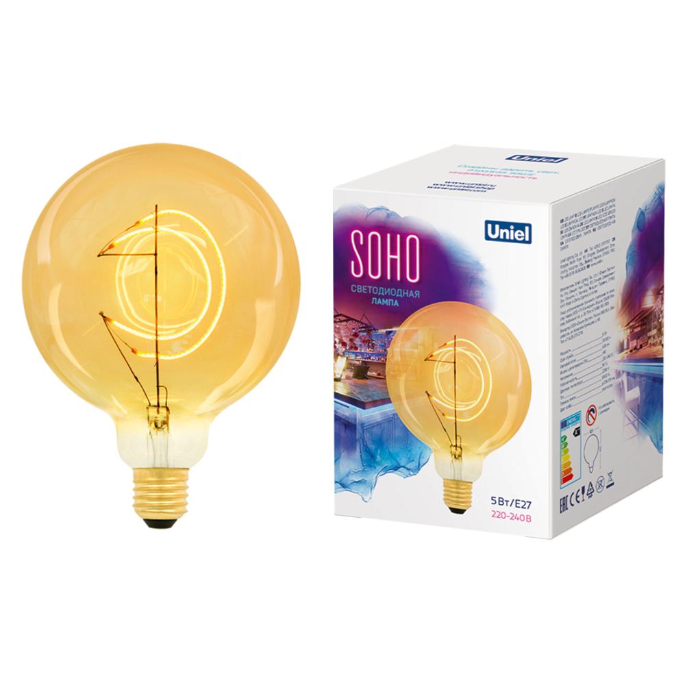 LED-SF02-5W/SOHO/E27/CW GOLDEN GLS77GO Лампа светодиодная SOHO. Золотистая колба. Филамент в форме месяца. Картон. ТМ Uniel