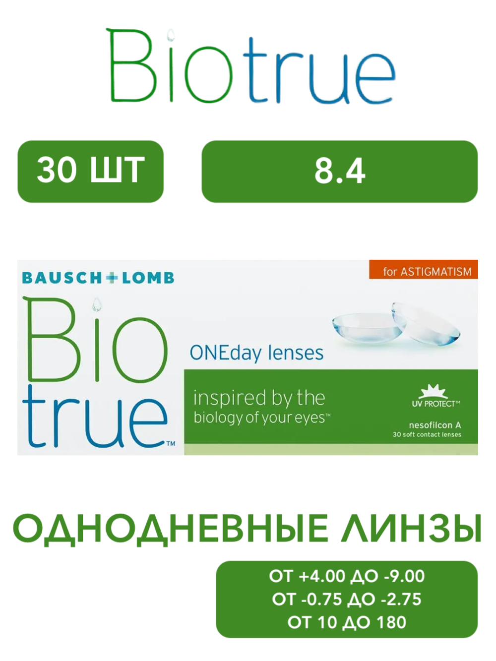 Однодневные мультифокальные контактные линзы Biotrue ONEday for Astigmatism (уп. 30 линз)