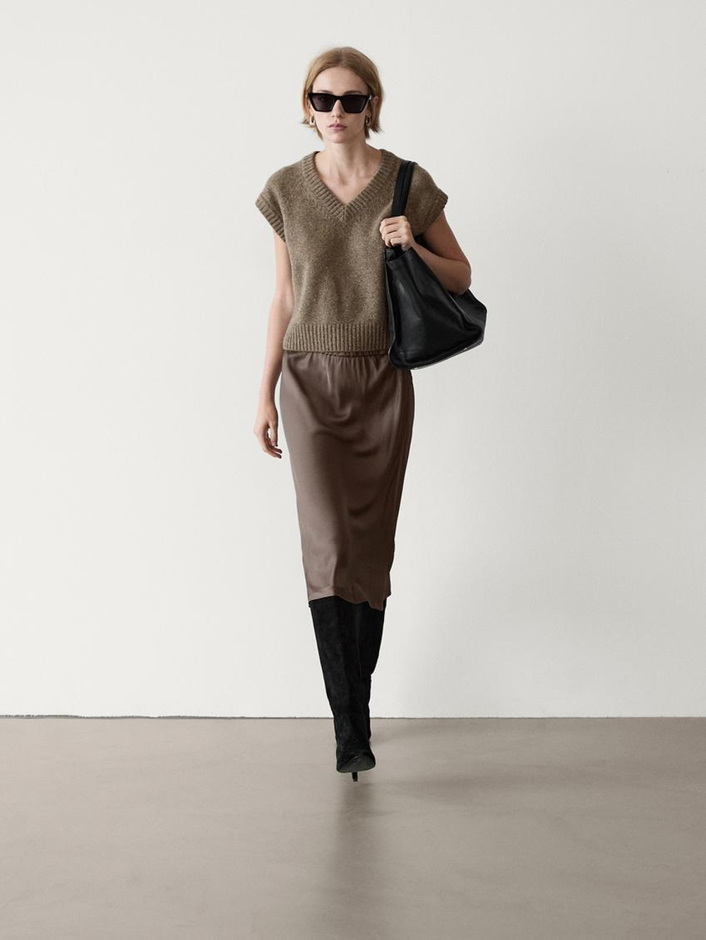 Massimo Dutti Жилет из 100% шерсти с V-образным вырезом, норка