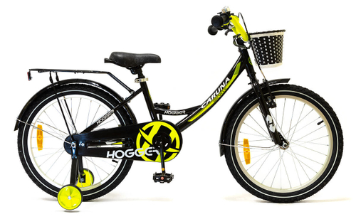 Велосипед 20" HOGGER "CARUNA", рама сталь, ручной и ножной тормоз, доп.колеса, перед. корзина, багажник, черный-лайм