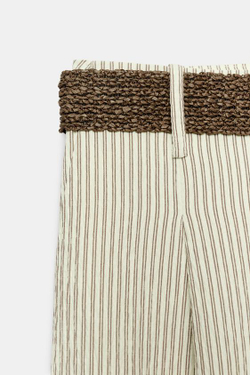 ZARA ШИРОКИЕ БРЮКИ В ПОЛОСКУ С ПОЯСОМ, ЭКРЮ