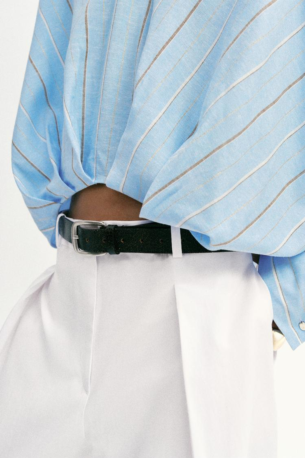 ZARA РУБАШКА ИЗ ЛЬНА С ОБЪЕМНЫМ НИЗОМ, ПЕСОЧНЫЙ/СИНИЙ