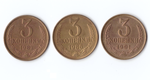 Комплект монет(3шт.) 3 коп, 1986,87,91г,  XF-AU