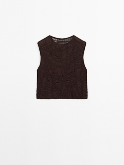 Massimo Dutti Топ из кружева кроше ажурной вязки с цветочным принтом, коричневый