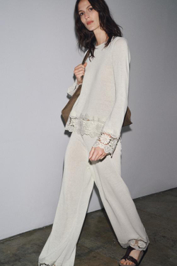 ZARA КОМБИНИРОВАННЫЕ БРЮКИ С ГИПЮРОМ, ЭКРЮ