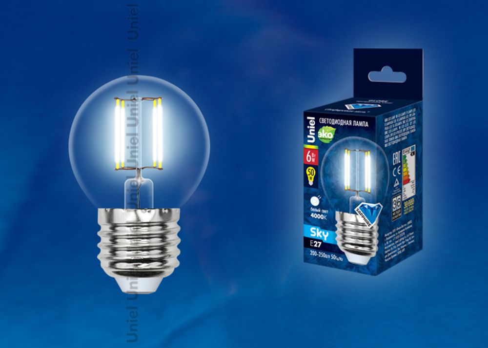 LED-G45-6W/NW/E27/CL PLS02WH Лампа светодиодная. Форма шар, прозрачная. Серия Sky. Белый свет. Картон. ТМ Uniel