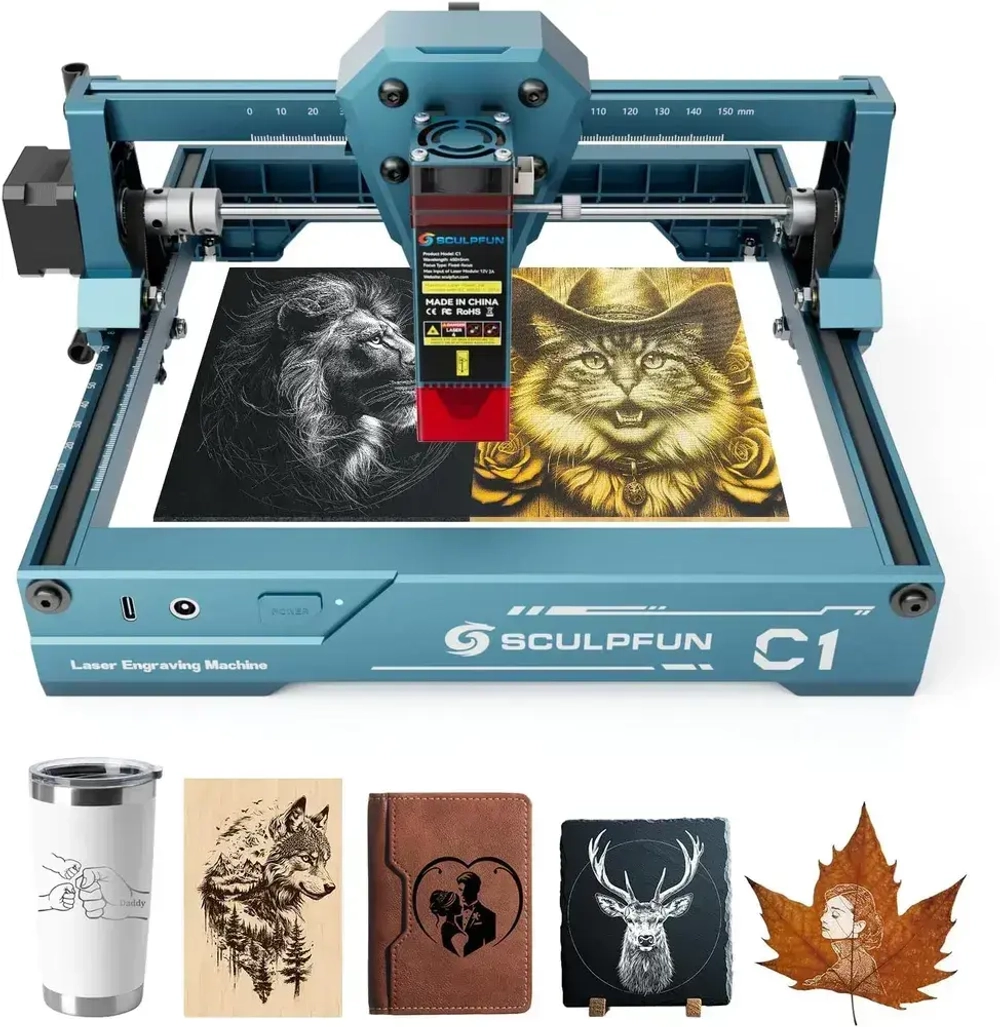 SCULPFUN C1 3 Вт Мини-лазерный гравировальный станок, высокая точность 0,04 мм, скорость до 10 000 мм/мин, подключаемый и работающий многофункциональный станок