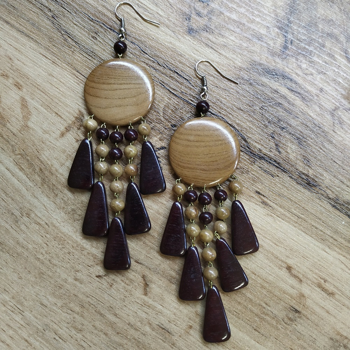 Серьги Монетки, дерево, цвет коричневый, вишневый, 25x80 мм