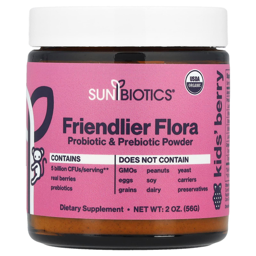 Sunbiotics, Kids Friendlier Flora, пробиотики и пребиотики в порошке, ягоды, 5 млрд КОЕ, 56 г (2 унции)